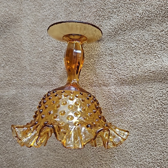 Fenton Vtg Amber Glass Pedestal Compote Dish Hobnail Pattern Ruffled Edge T11 - Picture 5 of 6